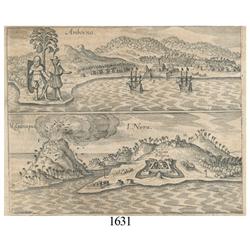 Ca.-1655 German wood-cut engraving showing East India Co. settlements in Indonesia.