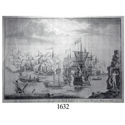 Large, ca.-1720 engraving of Commodore Wager's campaign against the Spanish in the West Indies in 17