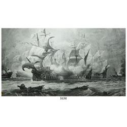 Large, late 18th/ early 19th-century engraving of ships in battle.