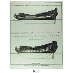 1796 London engraving of the designs of two 17th-century ships.