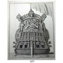 1800 London engraving of the stern view of a British Naval vessel.