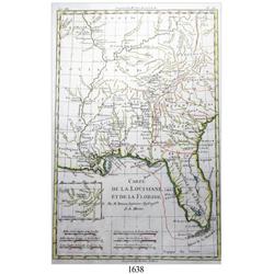 Ca.-1770 French map (Bonne) of Louisiana and Florida in 3 colors.