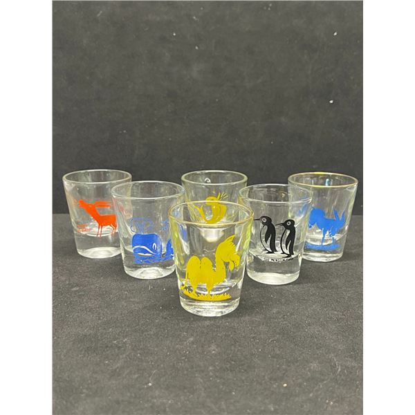 6 Vintage Animal Theme Shot Glasses Approx: 2.25"T 2"W