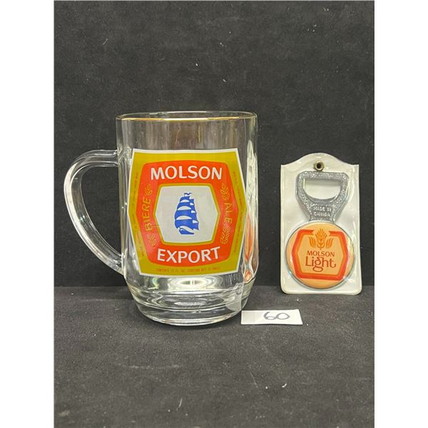 Vintage Molson Export Beer Mug and Molson Light Opener (mug app: 5"T)