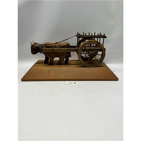 Wooden Ox & Cart Wagon Carving on Wood Base Approx: 13.5 x7.25  6.5 T