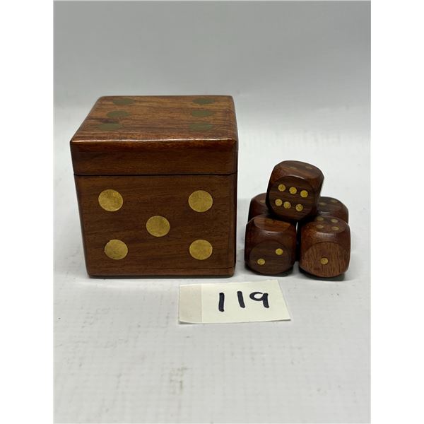 Wood / Brass Dice Set (5 Dice & Holder) Approx: 2.5x2.5"