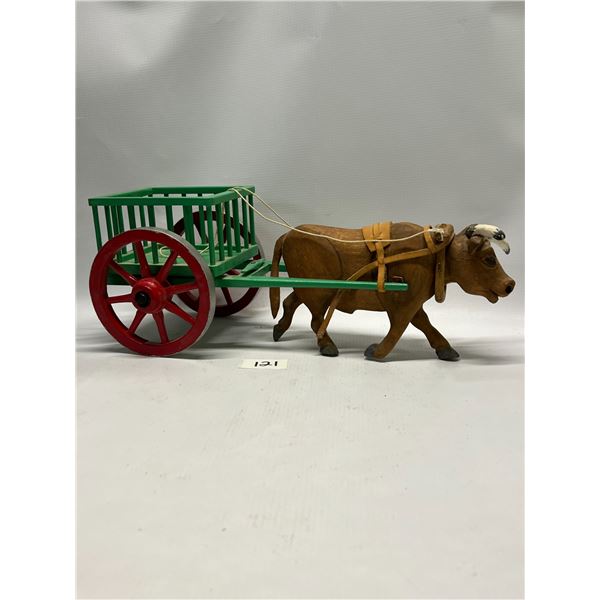 Wooden Ox & Cart Wagon Approx: 15"L 6"W