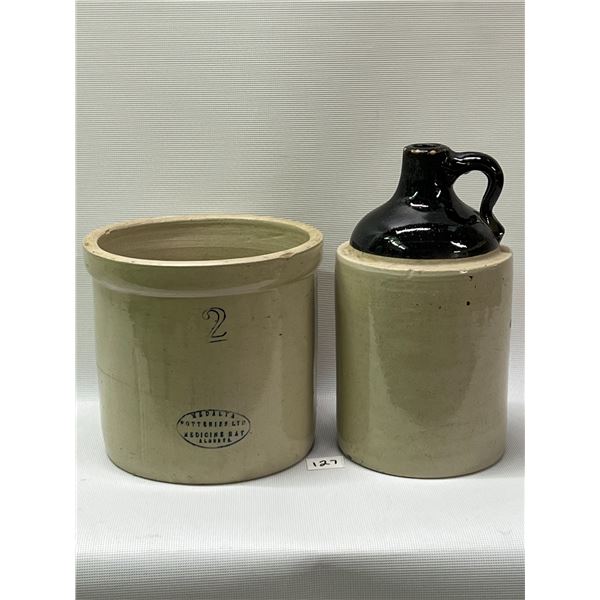 1 Gallon Whisky Crock Jug & 2 Gallon Crock (has crack) See pics