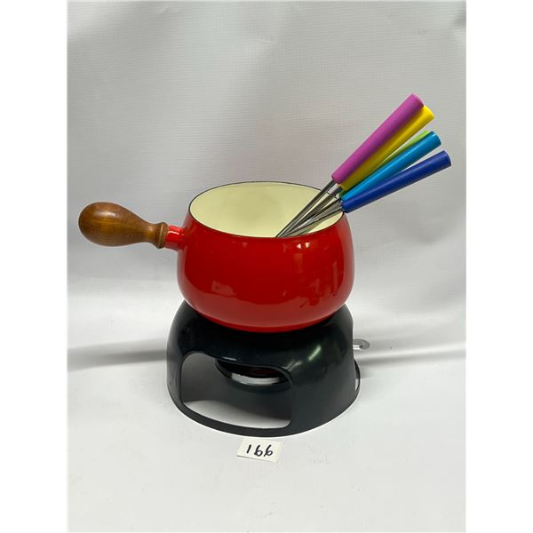 Mid Century Metal / Red Enamel Fondue Set w/Forks Approx: 7"T 9.25"W