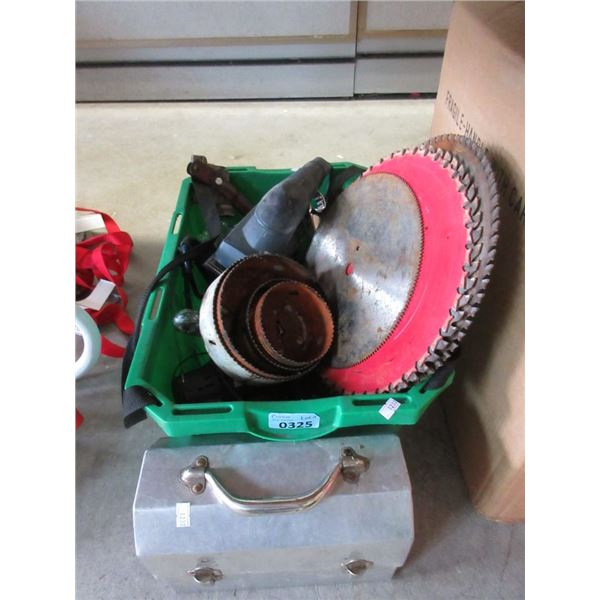 Crate of Saw Blades, Lunch Box & More