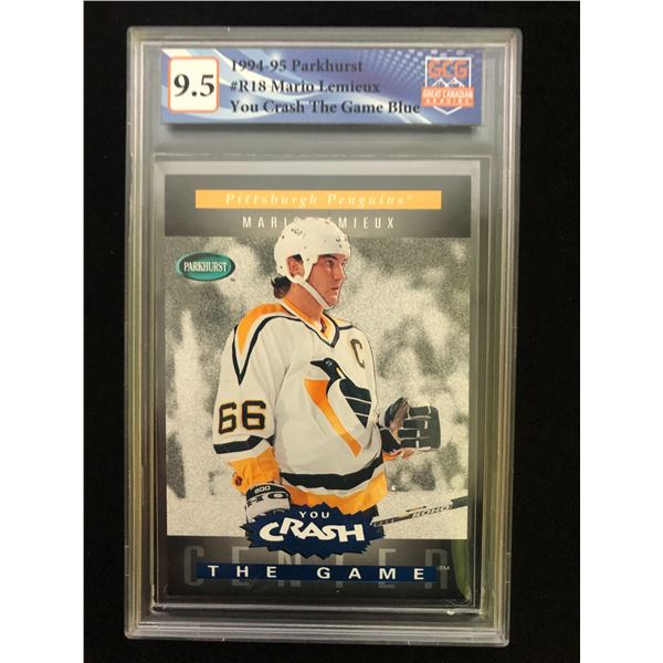 1994-95 PARKHURST NO.R18 MARIO LEMIEUX YOU CRASH THE GAME BLUE (GCG 9.5)