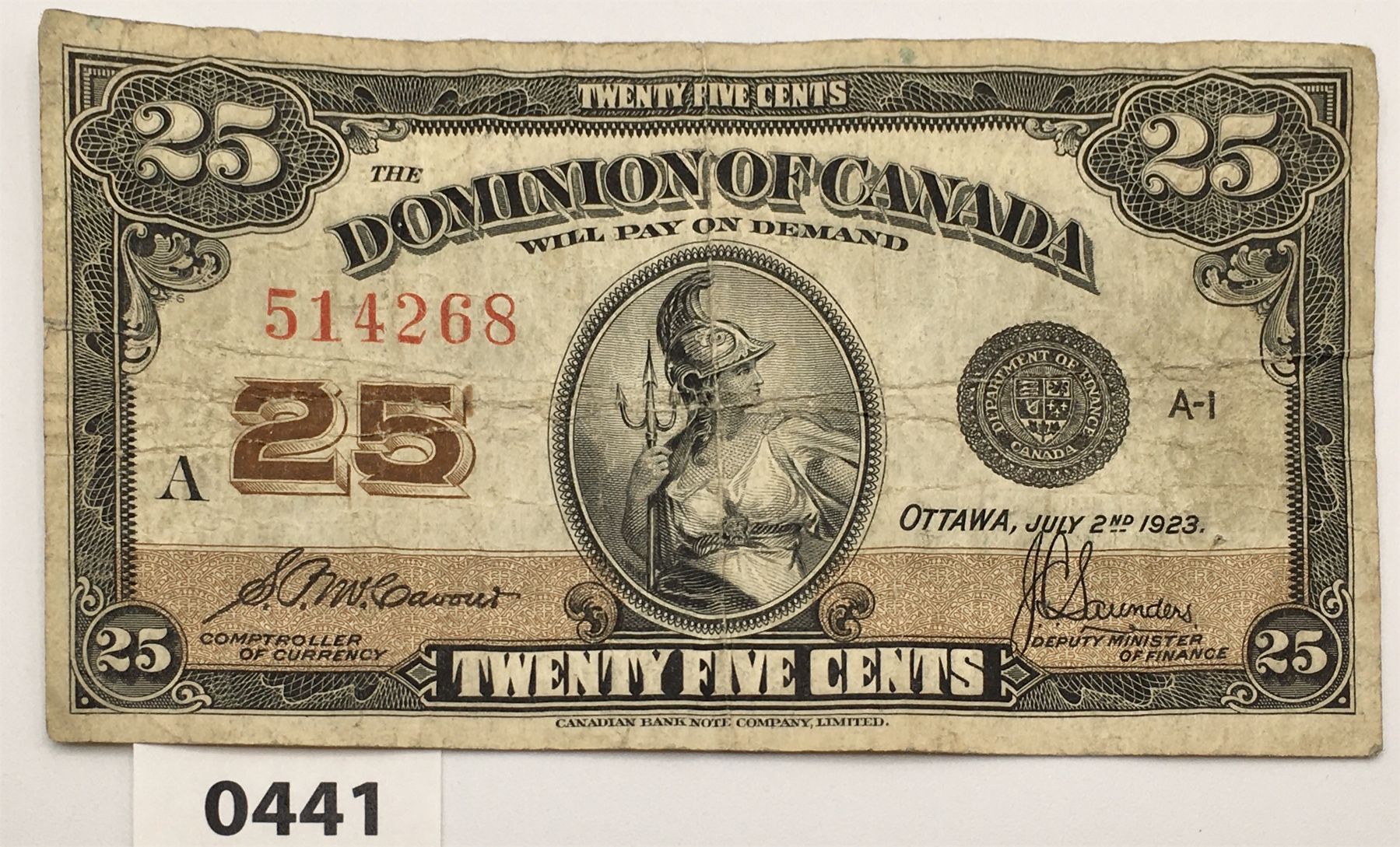 1923 CANADIAN 25 CENT BILL
