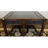 Image 2 : DARK WOOD WITH TIN INLAY COFFEE TABLE - ROUND SHAPE W/ DRAWERS & GAME SURFACE - 20 X 33 X 40 INCHES