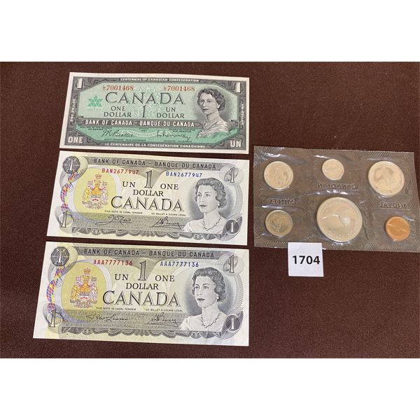 LOT OF 4 - CND ONE DOLLAR BILLS & CENTENNIAL PROOF SET