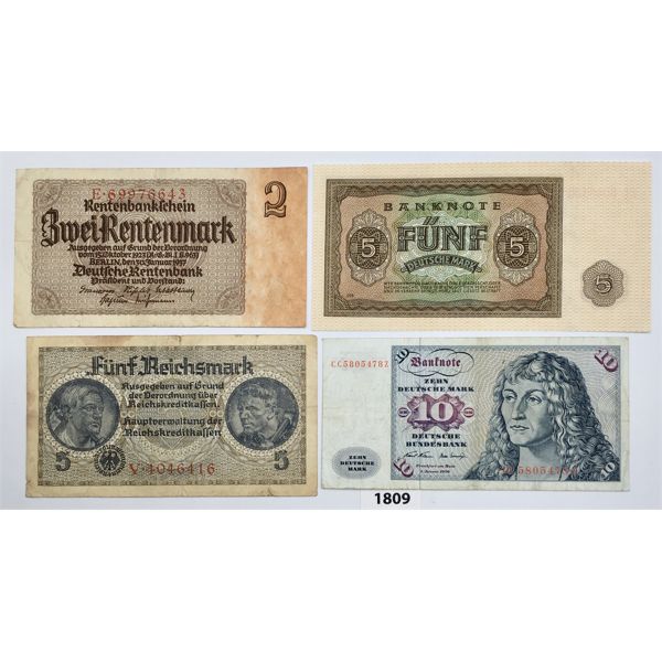 LOT OF 4 - GERMAN MARKS - 1937 2 MARK, 1940-45 5 MARK, 1948 5 MARK & 1970 10 MARK