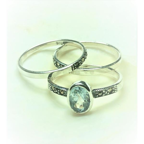 $120 Silver Blue Topaz And Marcasite 3 Ring  Set