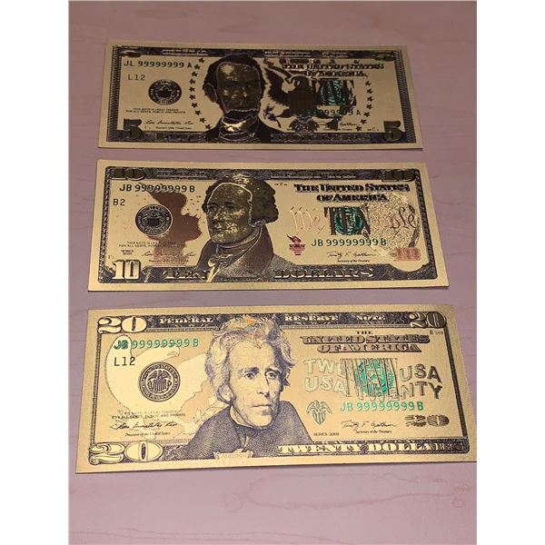 Set of 3 USA Gold Foil Commemorative Bills $5, $10 & $20