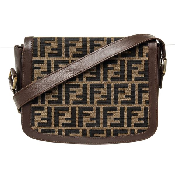 Fendi Brown Canvas Leather Flap Shoulder Bag