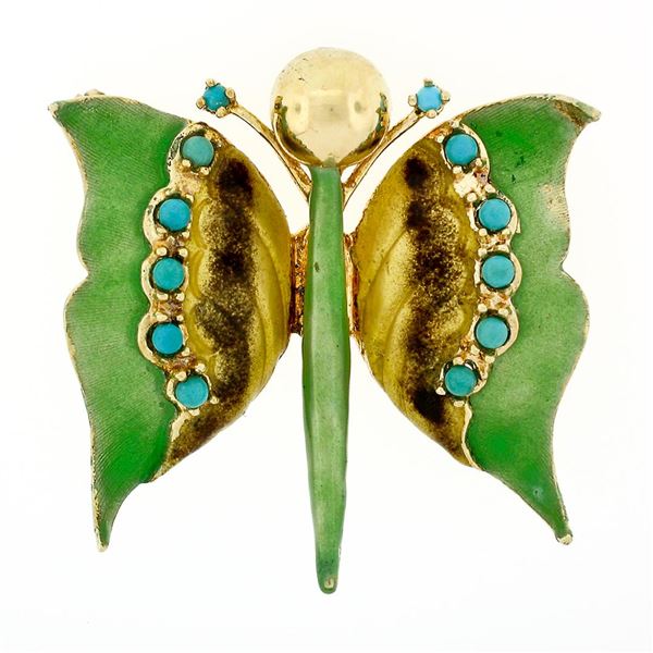 Vintage 14k Gold Green Yellow Brown Enamel Round Turquoise Butterfly Brooch Pin