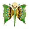 Image 1 : Vintage 14k Gold Green Yellow Brown Enamel Round Turquoise Butterfly Brooch Pin