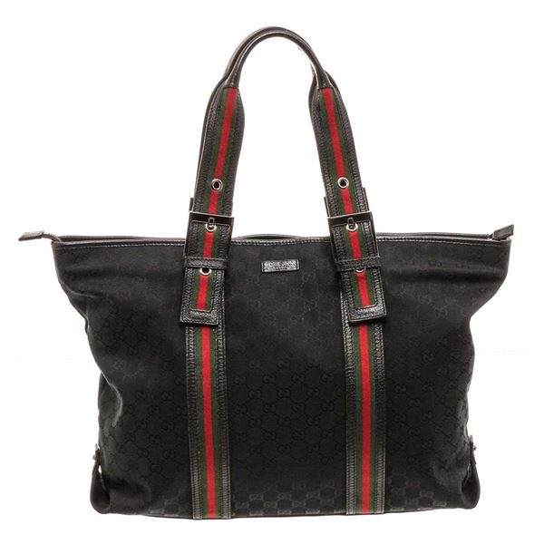 Gucci Black GG Canvas Leather Web Tote Shoulder Bag