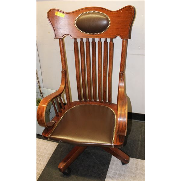 LEATHER AND WOOD OFFICE CEO CHAIR WITH WHEELS