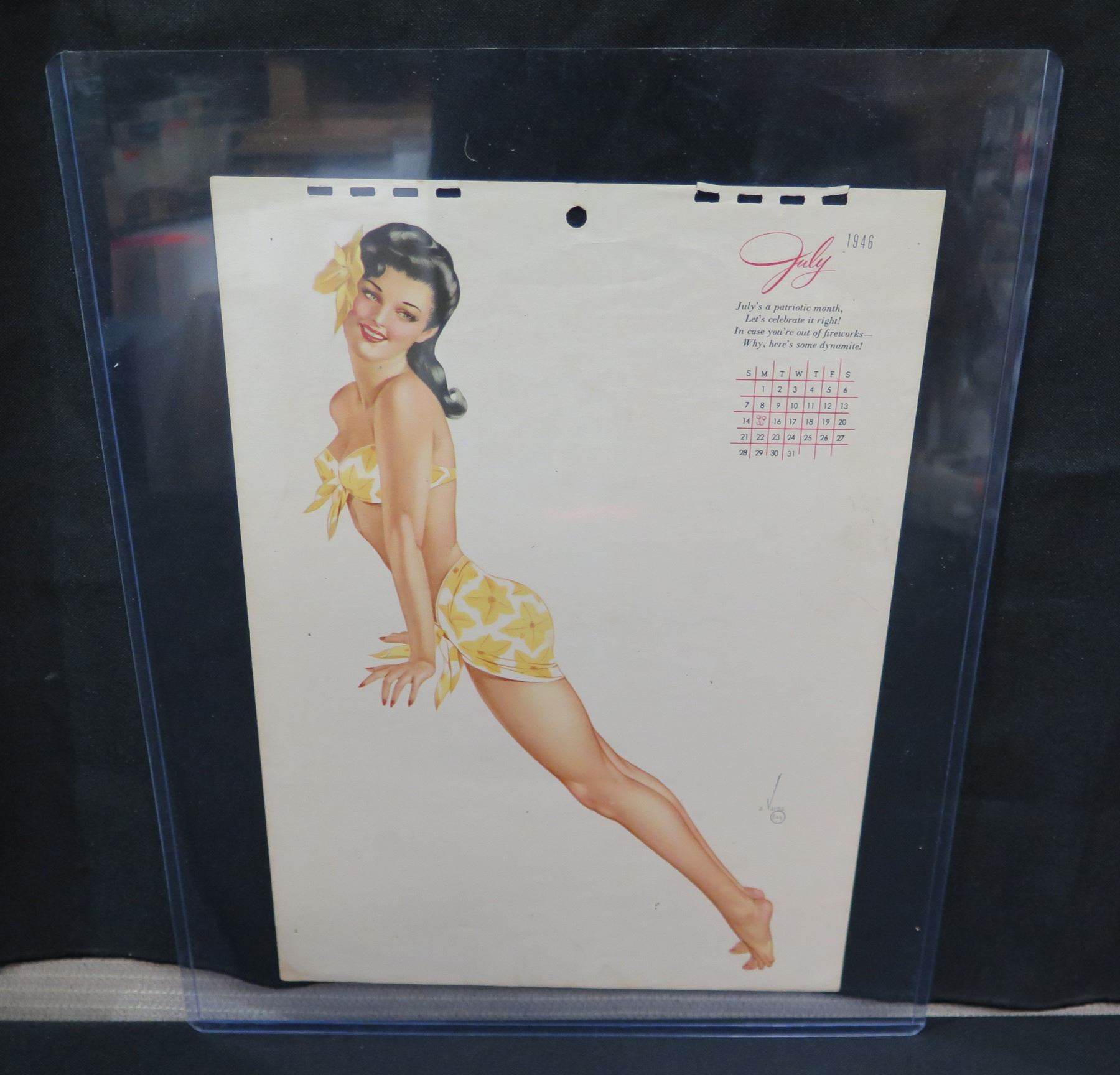 July 1946 Calendar Girl In Bikini Artwork Stamped A Varga Esq 8 5 x12 july-1946-calendar-girl-in-bikini-artwork-stamped-a-varga-esq-8-5-x12