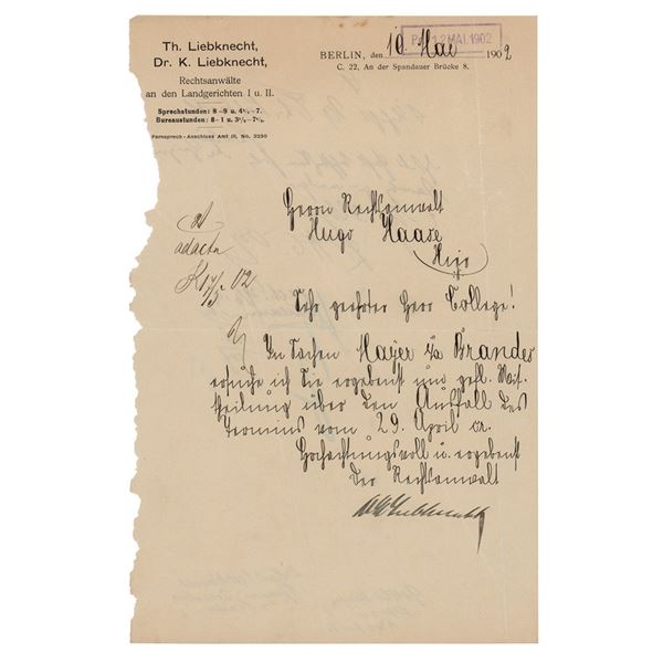 Karl Liebknecht Letter Signed