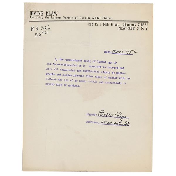 Bettie Page Document Signed
