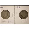 2-SILVER BARBER QUARTERS: 1900 & 1911