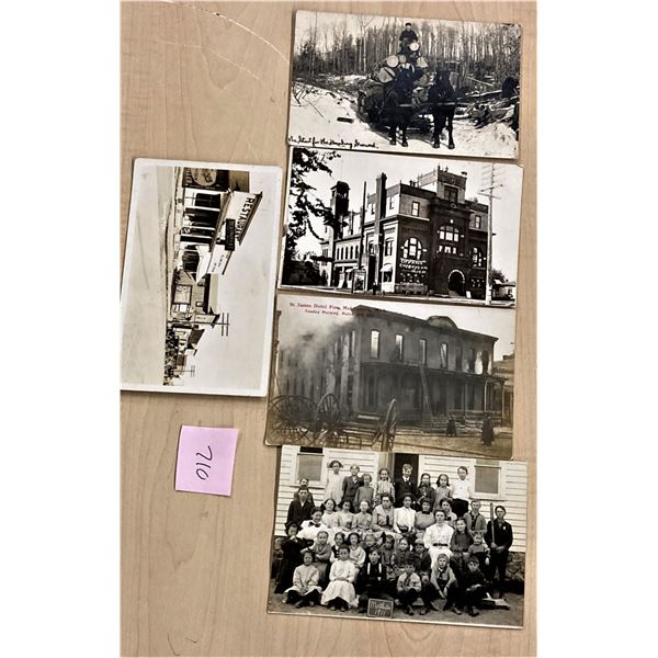 5 Michigan Real Photo Postcards Logging, Fire, Opera, Store Front & Class