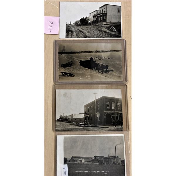 4 Wisconsin Real Photo Postcards Bank, Logging, Factory & Main Street