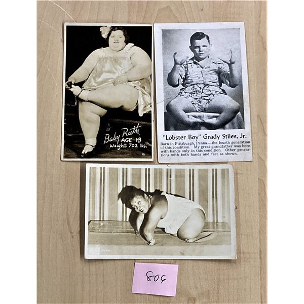 3 Side Show Circus Postcards Lobster Boy, Baby Ruth & More