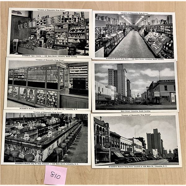 6 Black & White Columbia, South Carolina Drug Stores Interiors & Exteriors Postcards
