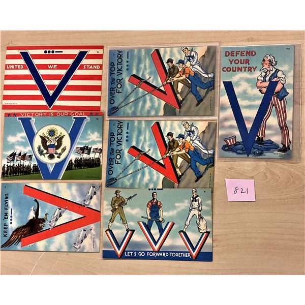 7 Linen V For Victory Military Patriotic Postcards