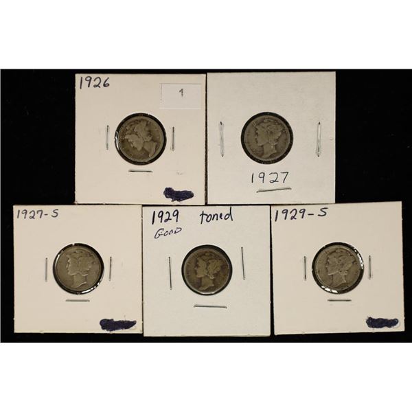 5-ASSORTED 1920'S SILVER MERCURY DIMES: 1926,