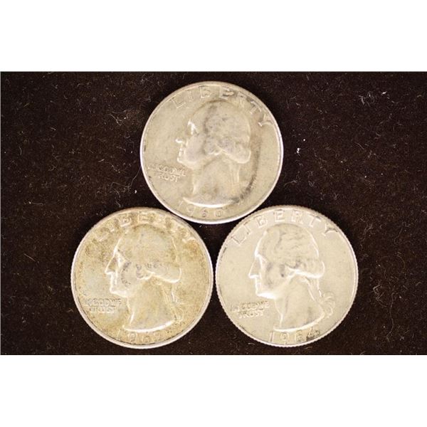 3-WASHINGTON SILVER QUARTERS: 1960-D, 1962 & 64-D