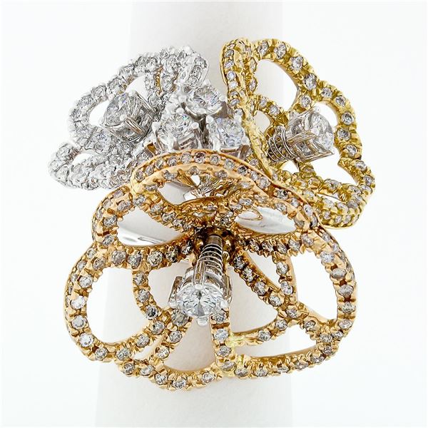 FINE 18K Tri Color Gold 3.20 ctw Moving Diamond Large Flower Bouquet Cocktail Ri