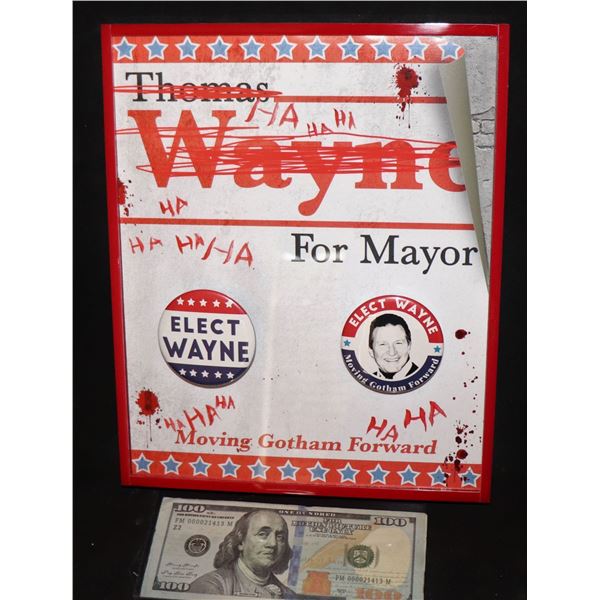 BATMAN JOKER PAIR OF THOMAS WAYNE POLITICAL BADGES ON NICE DISPLAY