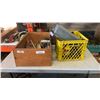 Image 1 : WOOD CRATE AND YELLOW CRATE OF DRYWALL TOOLS, HAMMER, TORCH, ELECTRICAL SWITCH BOX AND TOOLS