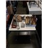 Image 1 : TRAY OF TOOLS, HAND SAW, APRON, HAMMER, CROW BAR, ETC