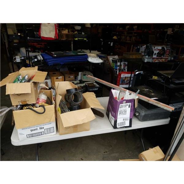 LOT OF PLUMBING, HARDWARE, ELECTRICAL ENCLOSURES, SHELF BRACKETS, FLASH DASH