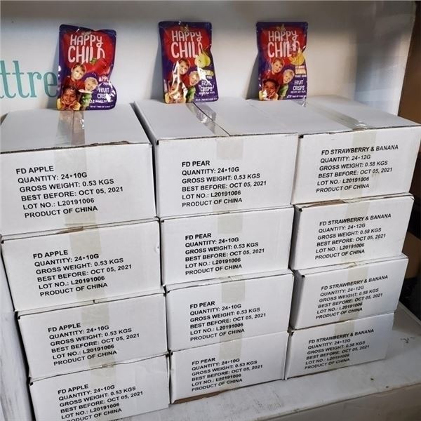 12 NEW CASES OF HAPPY CHILD FRUIT CRISPS - 4 CASES OF EACH FLAVOR APPLE, PEAR, STRAWBERRY BANANA, 24