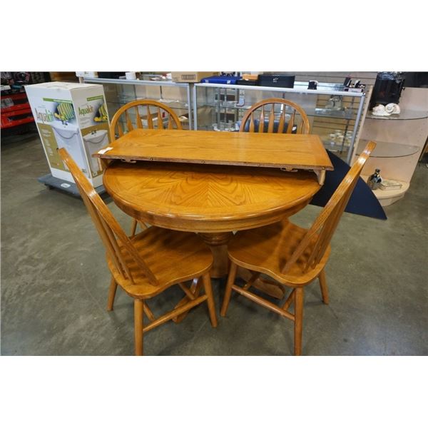 OAK PEDESTAL TABLE WITH LEAF AND 4 SPINDLE BACK CHAIRS