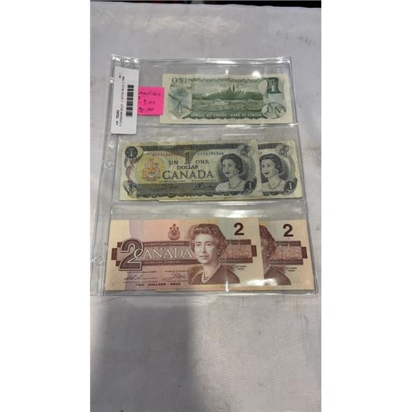 5 CANADIAN BILLS - 3 1973 $1 BILLS, 2 1986 $2 BILLS