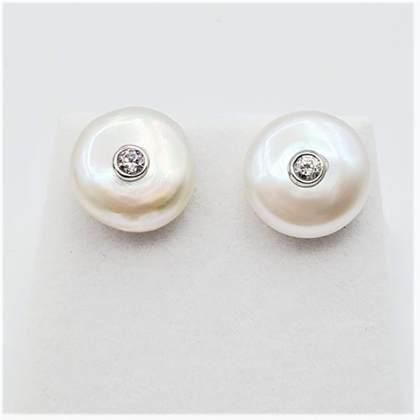 NEW STERLING SILVER 13.2MM GENUINE BUTTON PEARL & CZ EARRINGS, W/A $570.00