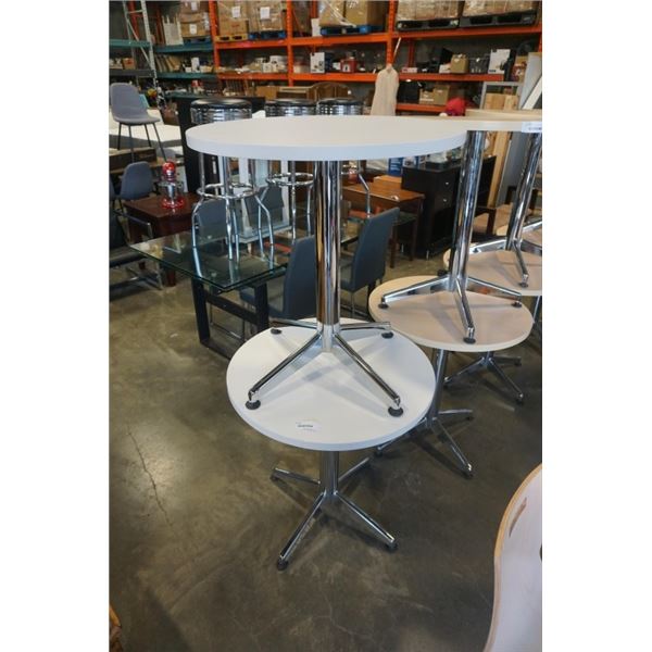 NEW PAIR OF 30  HIGH 28  DIAMETER CHROME LEG ROUND TABLES