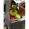 Image 2 : LARGE WICKER BASKETS WITH MAHOGANY PLANTER STANDS AND VASE AND BALL