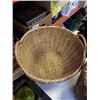 Image 8 : LARGE WICKER BASKETS WITH MAHOGANY PLANTER STANDS AND VASE AND BALL