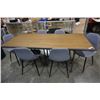 Image 1 : AS NEW INDUSTRIAL MODERN WOOD AND GREY TRIMMED TABLE W/ 6 GREY FABRIC TUB CHAIRS, RETAIL $3299